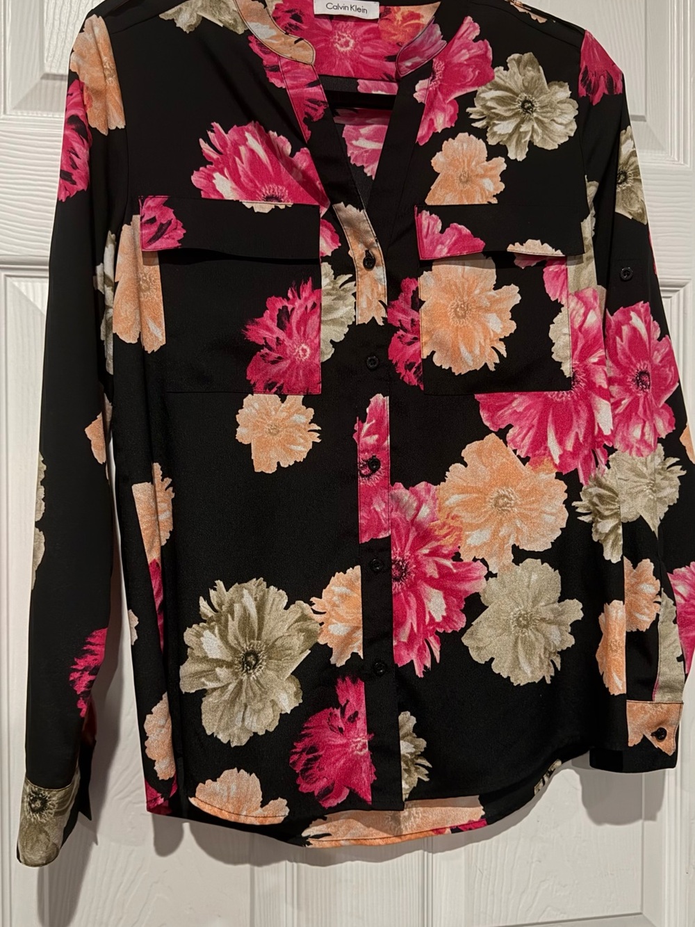 Calvin Klein Black Button-Down Shirt with Pink and Peach Floral Print
